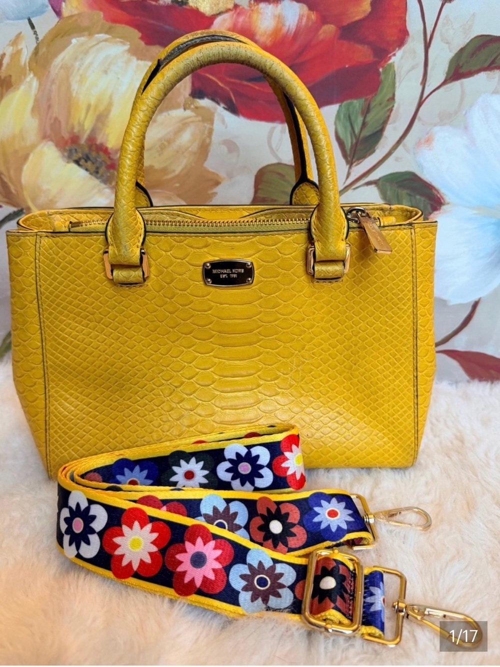 Michael Kors Preloved Croc-Embossed Leather Satchel w/Brand New Floral Strap - Picture 17 of 17